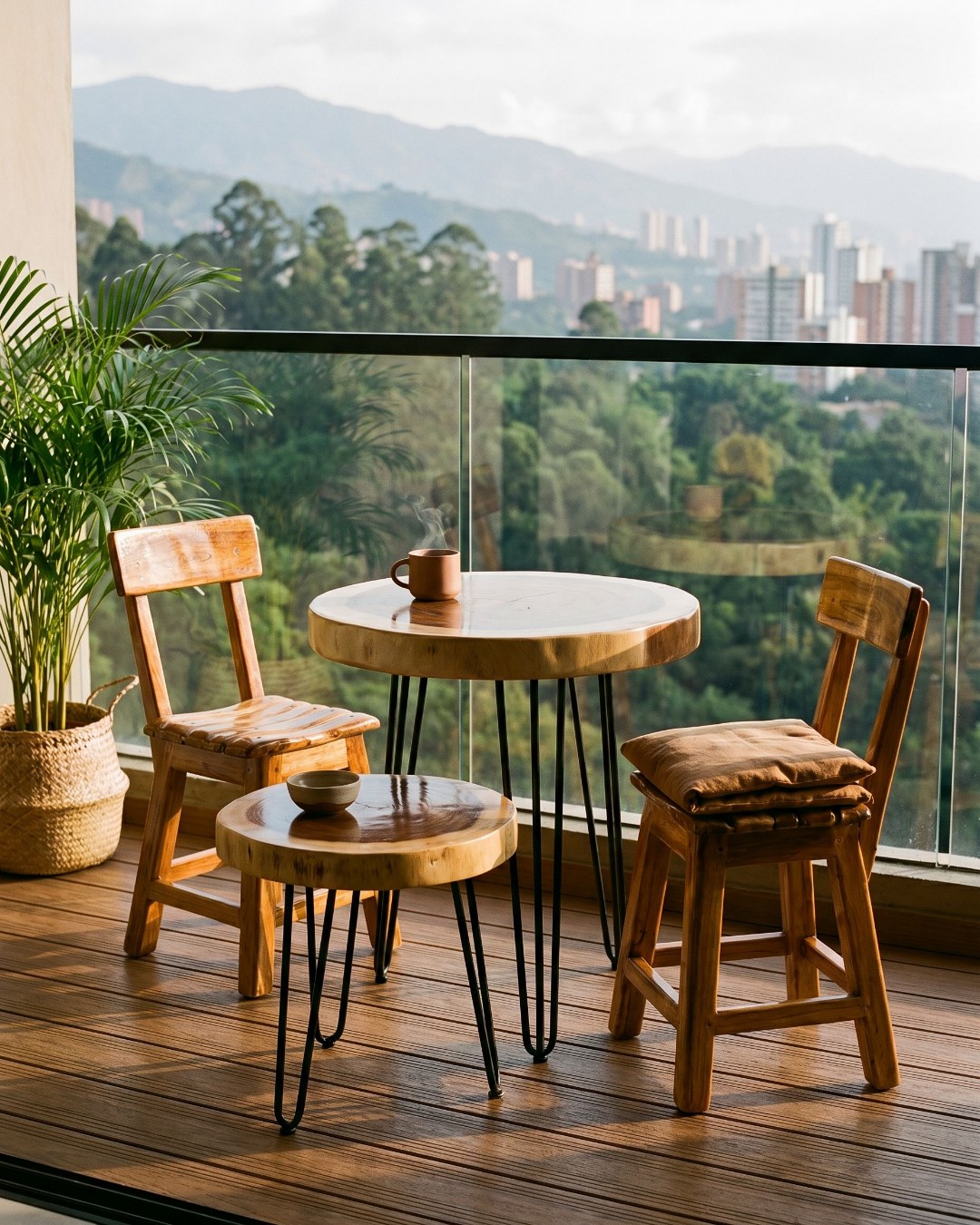 Kit Esencial en campano en balcón con vista al Valle de Aburrá.