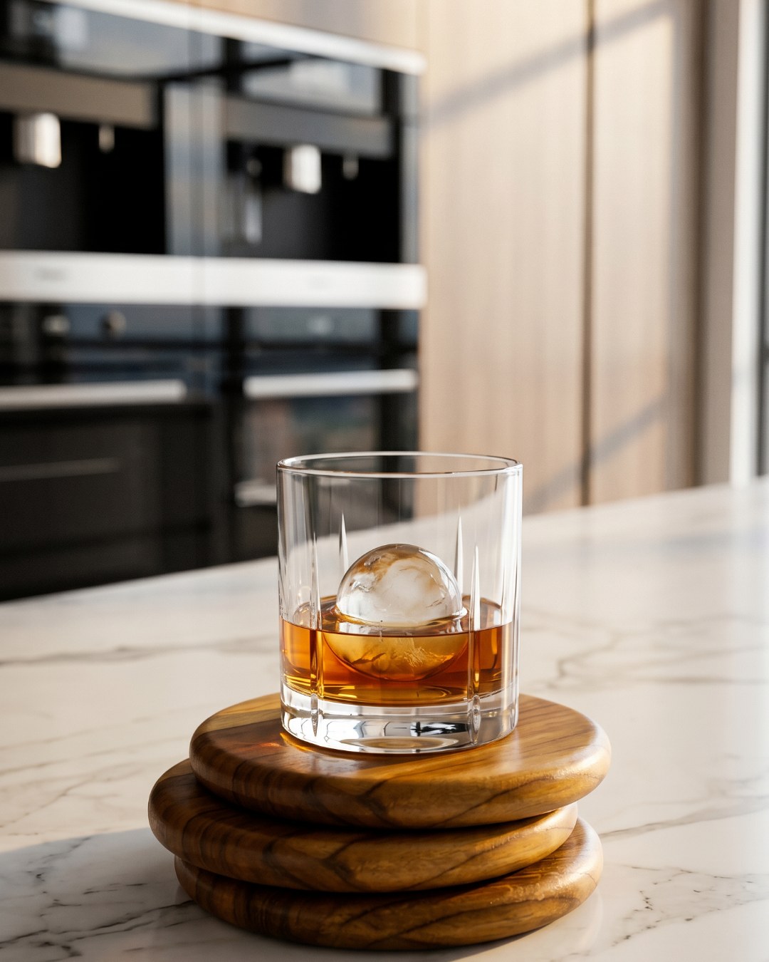 Portavasos en teca con copa de whisky.