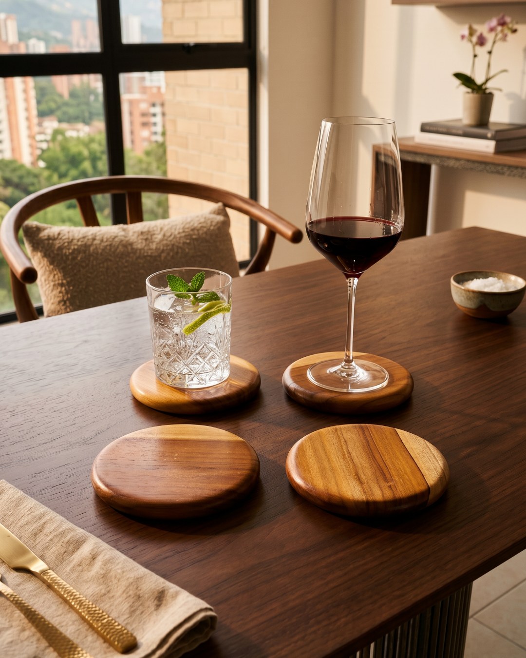 Portavasos en teca con copa de vino.