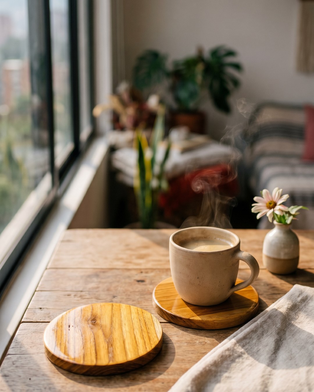 Portavasos en teca con taza de café.