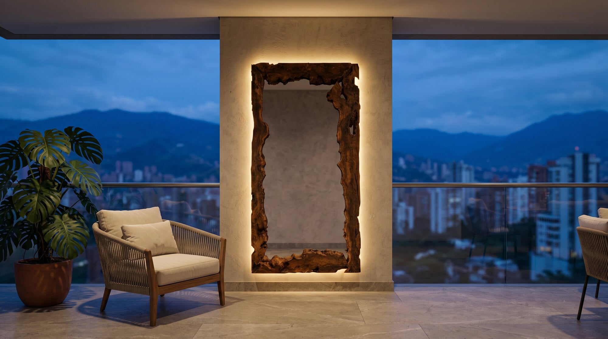 Espejo Legado Cereza en un balcón de noche con vista a Medellín